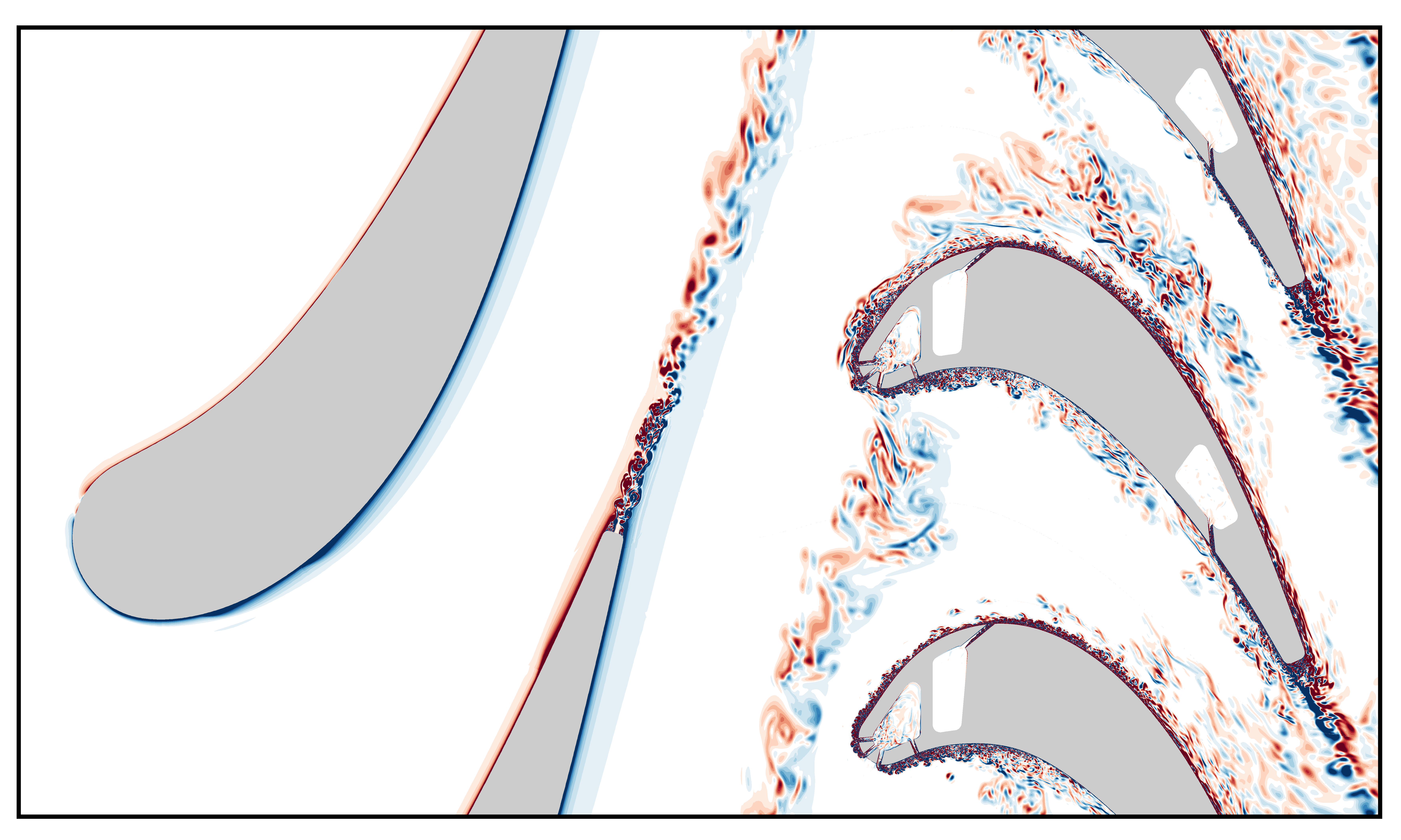 Simulated flow structures on a cooled turbine blade.